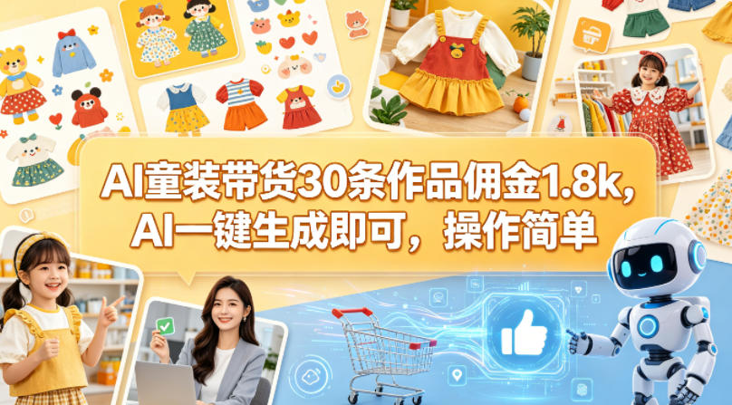 AI童装带货30条作品佣金1.8k，AI一键生成即可，操作简单-选优云网创