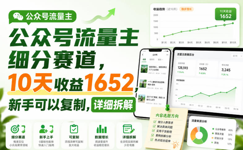 公众号流量主细分赛道，10天收益1652，新手可以复制，详细拆解-选优云网创