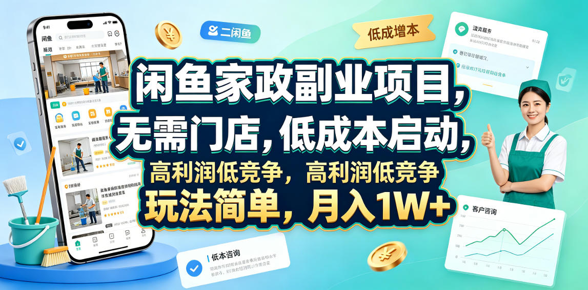 闲鱼家政副业项目,无需门店,低成本启动,高利润低竞争,玩法简单,月入1W+-选优云网创