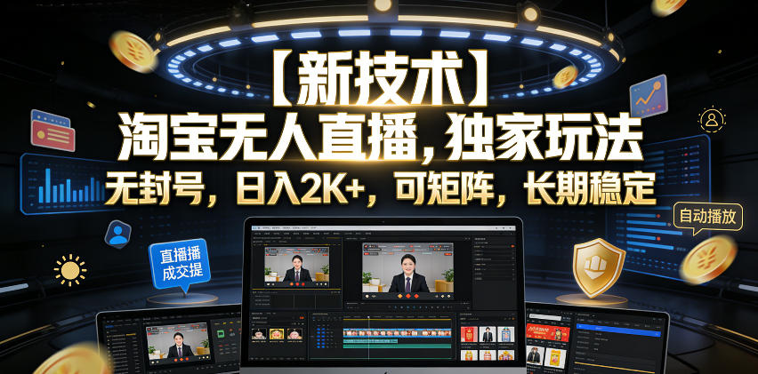 【新技术】淘宝无人直播，独家玩法，无封号，日入2K+，可矩阵，长期稳定【揭秘】-选优云网创