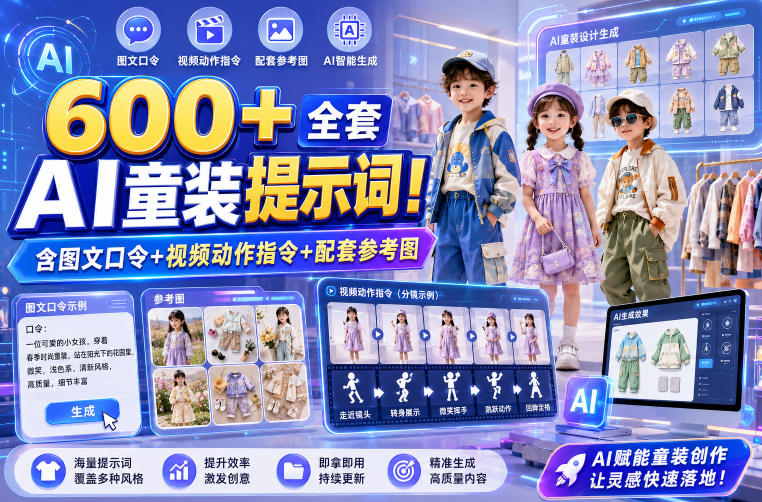 600+全套AI童装提示词！含图文口令+视频动作指令+配套参考图，Word-Excel规整分类，童装电商、种草无脑量产内容！-选优云网创