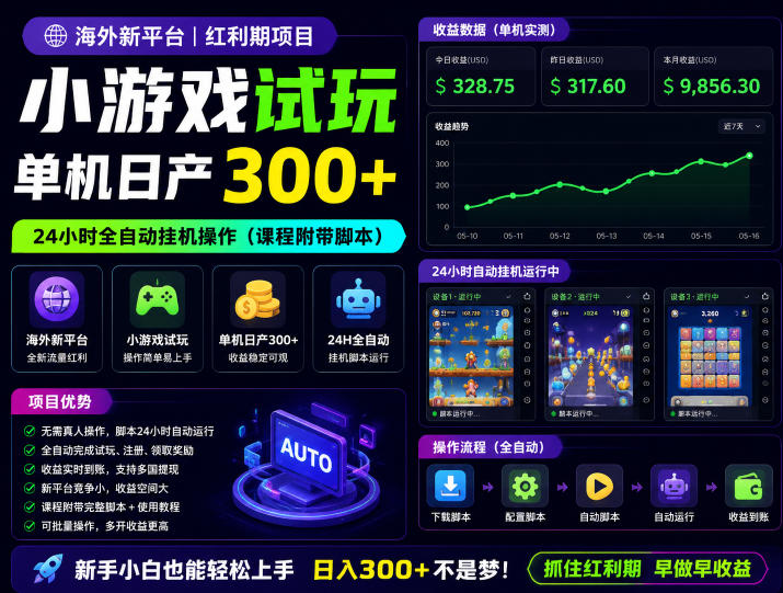 海外新平台，小游戏试玩，单机日产300+，24小时全自动挂G操作(课程附带脚本)【揭秘】-选优云网创