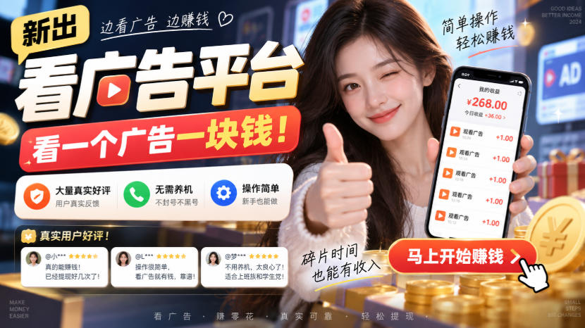新出看广告平台，看一个广告一块钱，大量真实好评！无需养机、不会黑号，操作简单【揭秘】-选优云网创