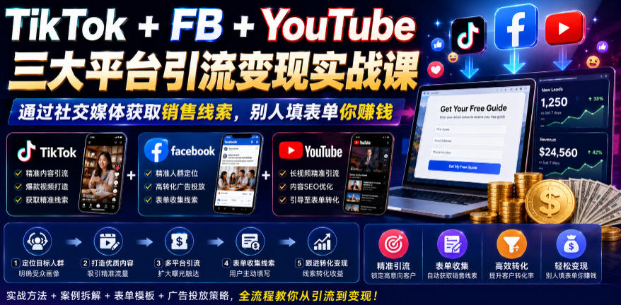 TikTok+FB+YouTube三大平台引流变现实战课,通过社交媒体获取销售线索,别人填表单你賺钱【原创双语字幕】-选优云网创