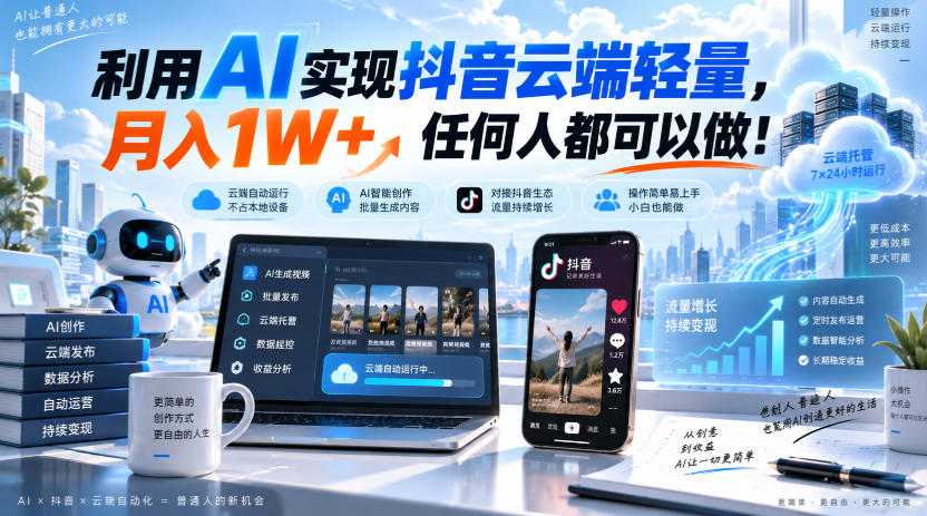 利用AI实现抖音云端轻量，月入1W+，任何人都可以做！【揭秘】-选优云网创