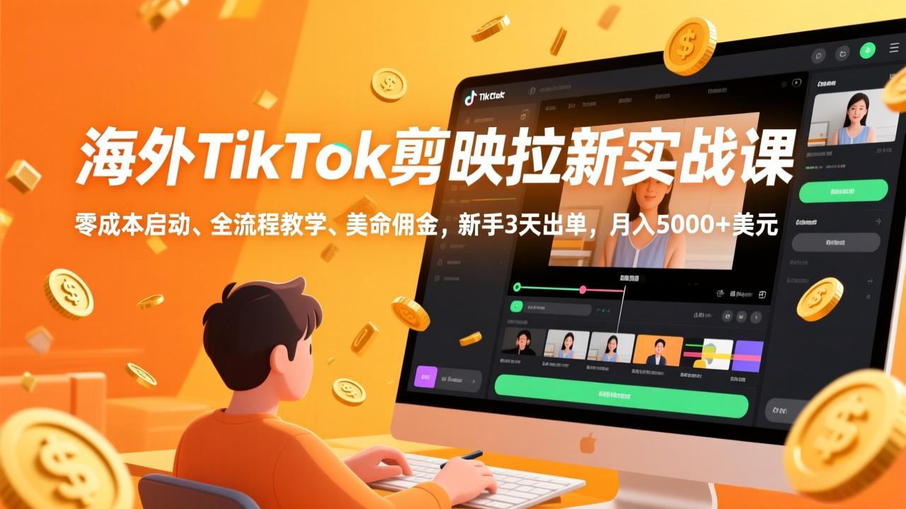 海外TikTok剪映拉新实战课,零成本启动、全流程教学、美金佣金,新手3天出单,月入5000+美元-选优云网创