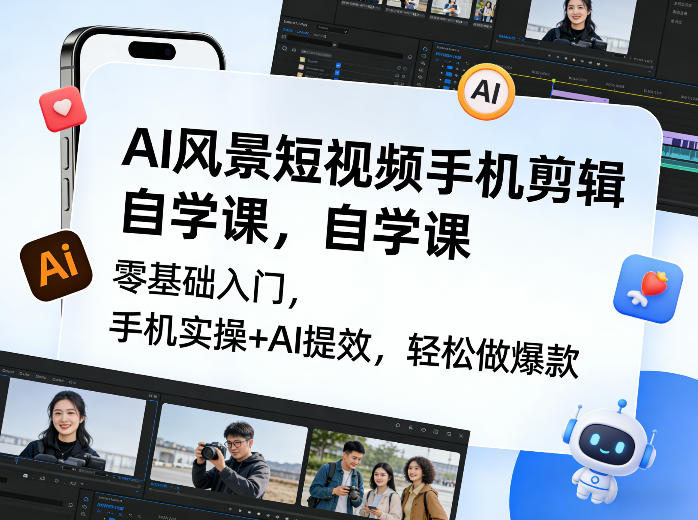 AI风景短视频手机剪辑自学课，零基础入门，手机实操+AI提效，轻松做爆款-选优云网创