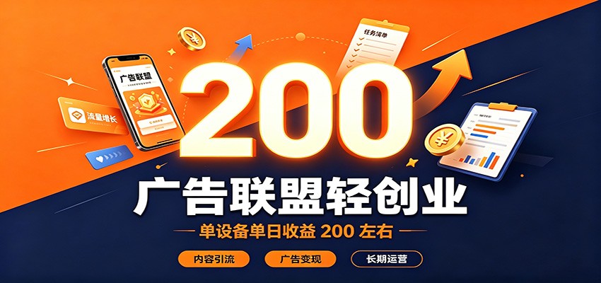 广告联盟轻创业，单设备单日收益200左右，内容引流广告变现长期运营-选优云网创