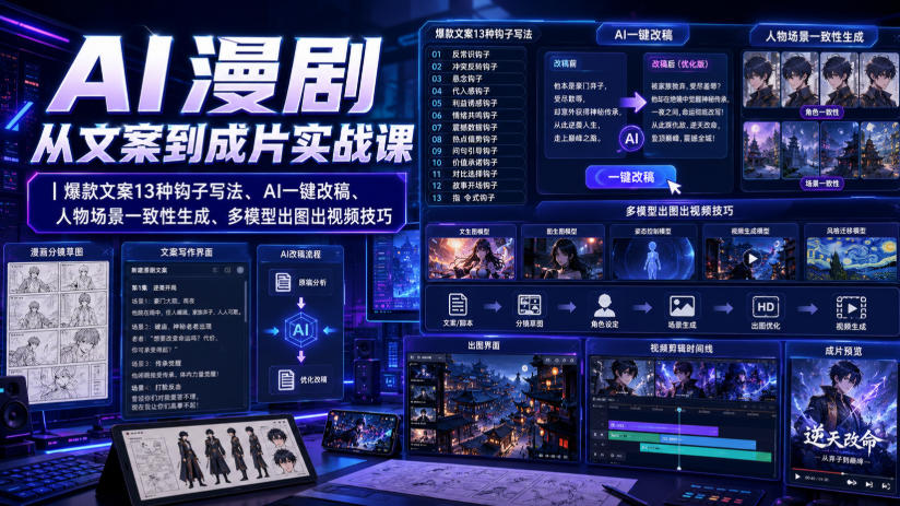 AI漫剧从文案到成片实战课｜爆款文案13种钩子写法、AI一键改稿、人物场景一致性生成、多模型出图出视频技巧-选优云网创