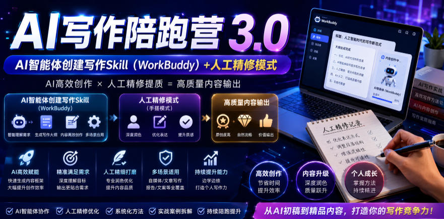AI写作陪跑营3.0，Ai智能体创建写作skill(workbuddy)+人工手写模式(手搓模式)，去除AI痕迹(头条号、公众号、百家号)-选优云网创