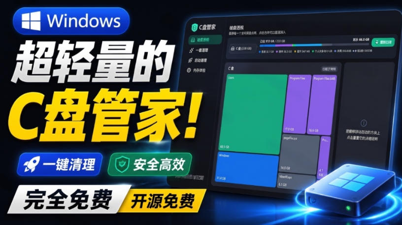 Windows超轻量的C盘管家！超级有特点，支持磁盘分析及清理提醒，2M大小体积，完全免费C盘管家-选优云网创