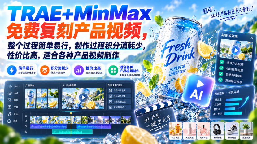 TRAE+MinMax免费复刻产品视频,整个过程简单易行,制作过程积分消耗少,性价比高,适合各种产品视频制作-选优云网创