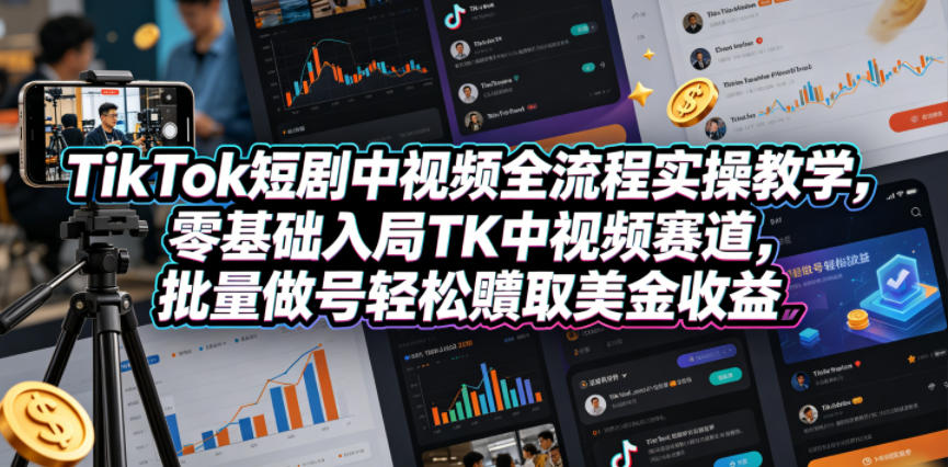 TikTok短剧中视频全流程实操教学，零基础入局TK中视频赛道，批量做号轻松賺取美金收益-选优云网创