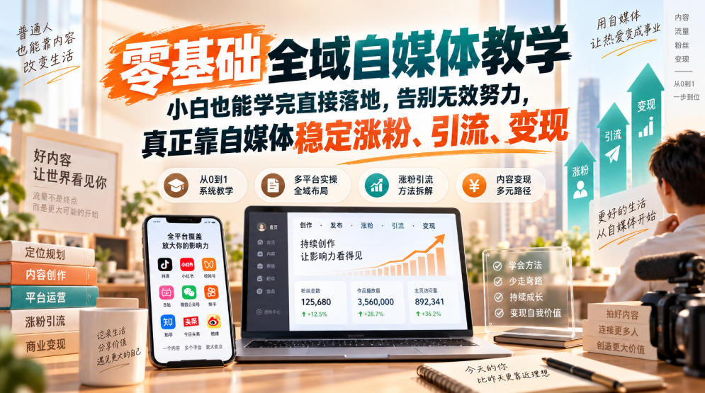 零基础全域自媒体教学，小白也能学完直接落地，告别无效努力，真正靠自媒体稳定涨粉、引流、变现-选优云网创