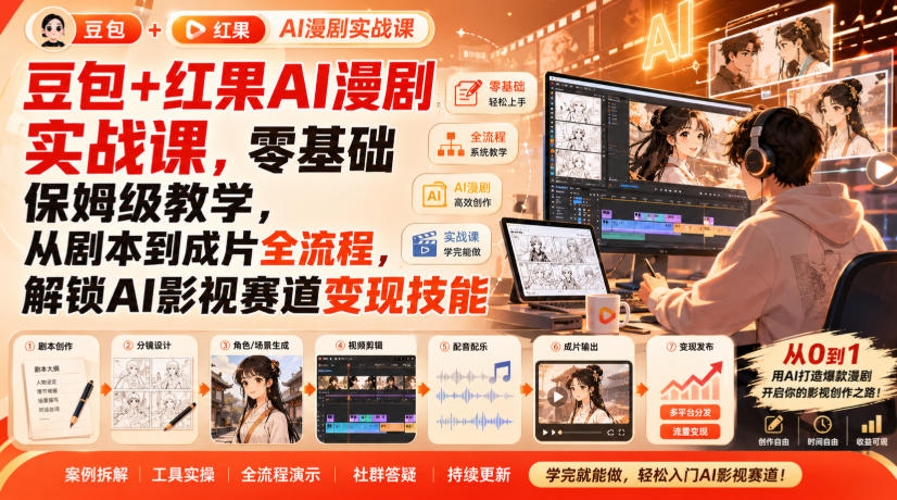 豆包+红果AI漫剧实战课，零基础保姆级教学，从剧本到成片全流程，解锁AI影视赛道变现技能-选优云网创