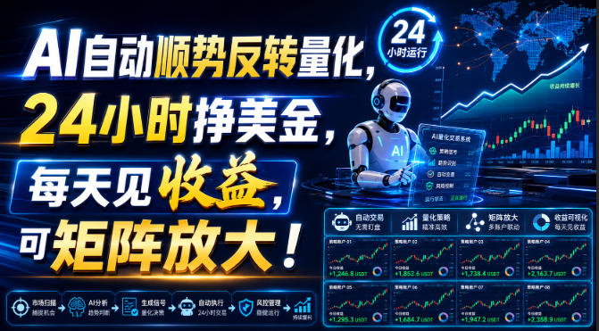 AI自动顺势反转量化，24小时挣美金，每天见收益，可矩阵放大！【揭秘】-选优云网创