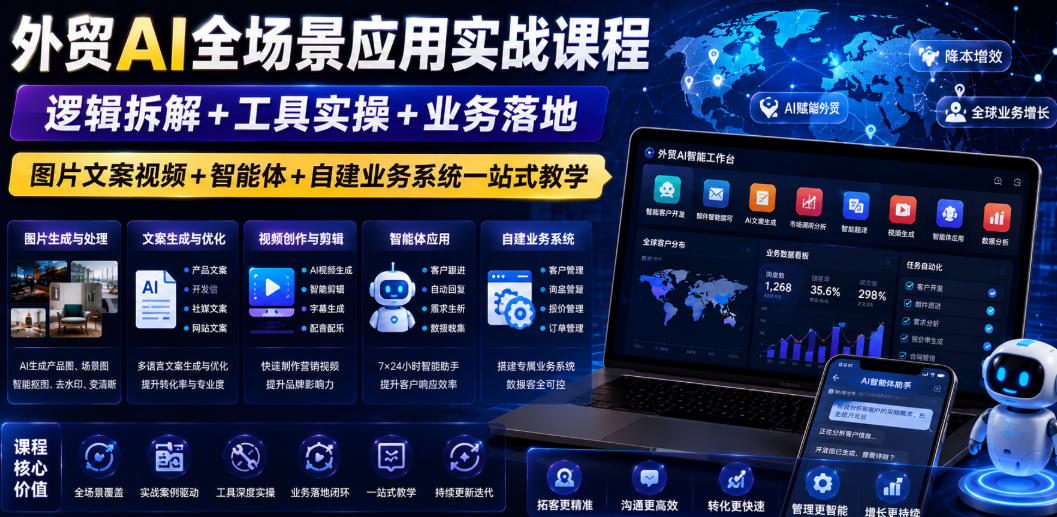 外贸AI全场景应用实战课程|逻辑拆解+工具实操+业务落地,图片文案视频+智能体+自建业务系统一站式教学-选优云网创