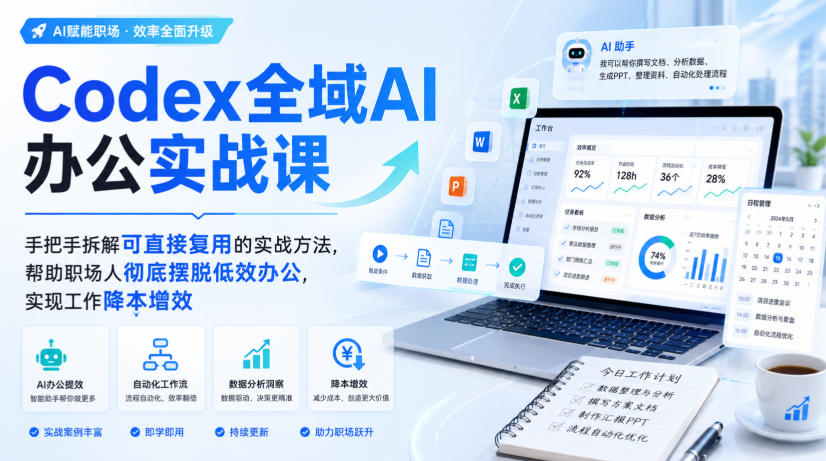 Codex全域AI办公实战课，手把手拆解可直接复用的实战方法，帮助职场人彻底摆脱低效办公，实现工作降本增效-选优云网创