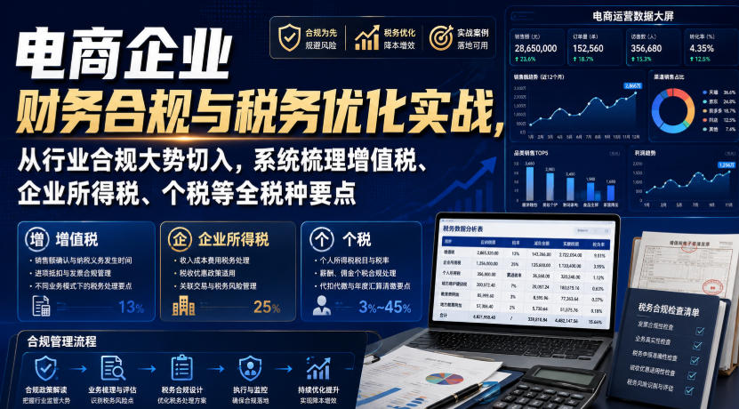 电商企业财务合规与税务优化实战，从行业合规大势切入，系统梳理增值税、企业所得税、个税等全税种要点-选优云网创