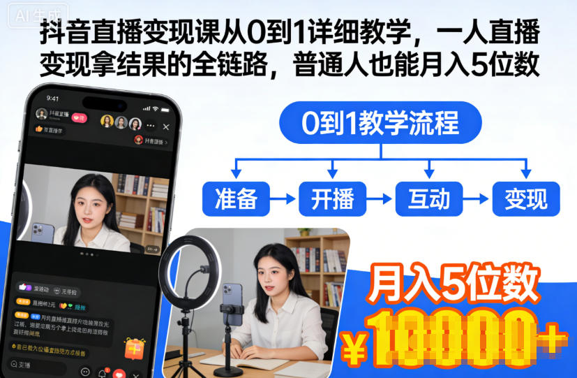抖音直播变现课从0到1详细教学，一人直播变现拿结果的全链路，普通人也能月入5位数-选优云网创
