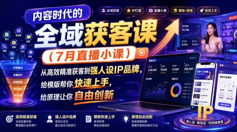 内容时代的全域获客课(7月直播小课),从高效精准获客到强人设IP品牌,给模版帮你快速上手,给原理让你自由创新-选优云网创