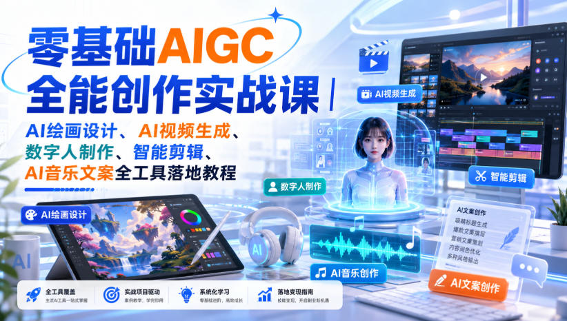 零基础AIGC全能创作实战课|AI绘画设计、AI视频生成、数字人制作、智能剪辑、AI音乐文案全工具落地教程-选优云网创