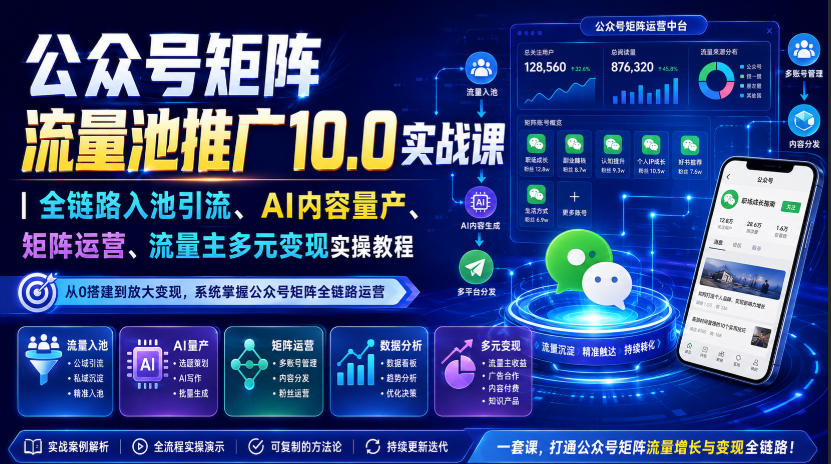 公众号矩阵流量池推广10.0实战课|全链路入池引流、AI内容量产、矩阵运营、流量主多元变现实操教程-选优云网创