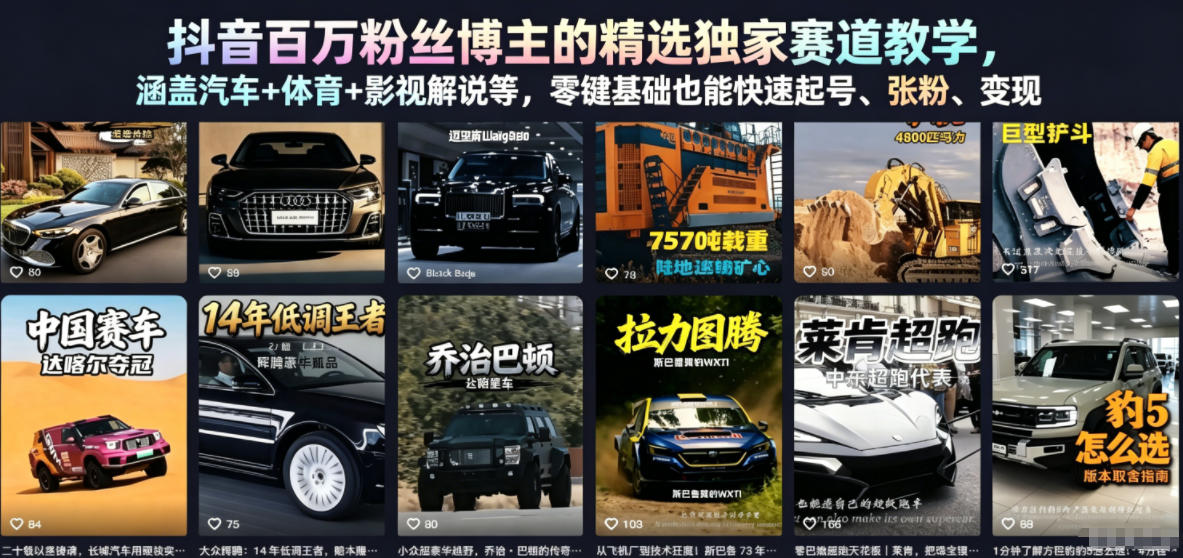 抖音百万粉丝博主的精选独家赛道教学，涵盖汽车+体育+影视解说等，零基础也能快速起号、涨粉、变现-选优云网创