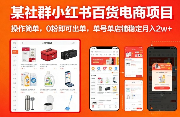 某社群小红书百货电商项目，操作简单，0粉即可出单，单号单店铺稳定月入2w+-选优云网创