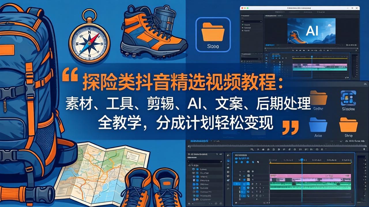 探险类抖音精选视频教程：素材、工具、剪辑、AI、文案、后期处理全教学，分成计划轻松变现-选优云网创