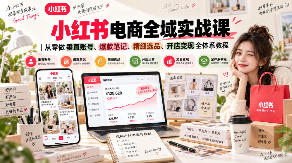 小红书电商全域实战课|从零做垂直账号、爆款笔记、精细选品、开店变现全体系教程-选优云网创