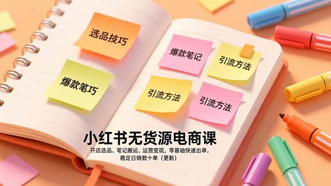小红书无货源电商课，开店选品、笔记搬运、运营变现，零基础快速出单，稳定日销数十单(更新-选优云网创