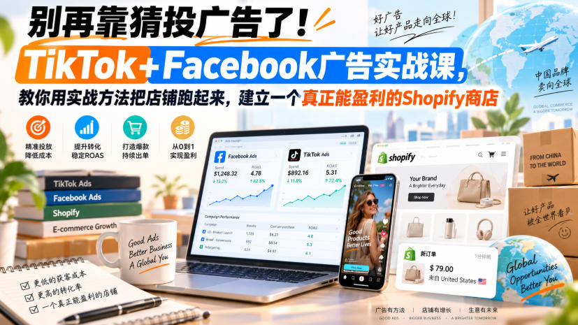 别再靠猜投广告了！TikTok+Facebook广告实战课，教你用实战方法把店铺跑起来，建立一个真正能盈利的Shopify商店【原创双语字幕】-选优云网创