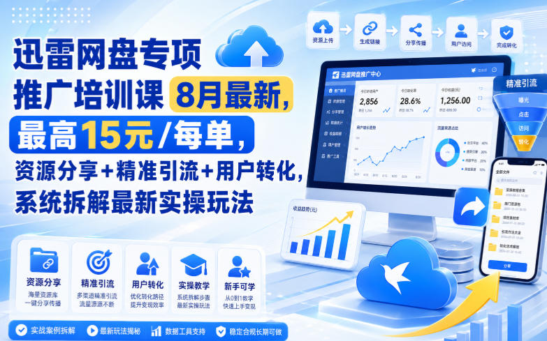 迅雷网盘专项推广培训课8月最新，最高15米/每单，资源分享+精准引流+用户转化，系统拆解最新实操玩法（更新0903）-选优云网创