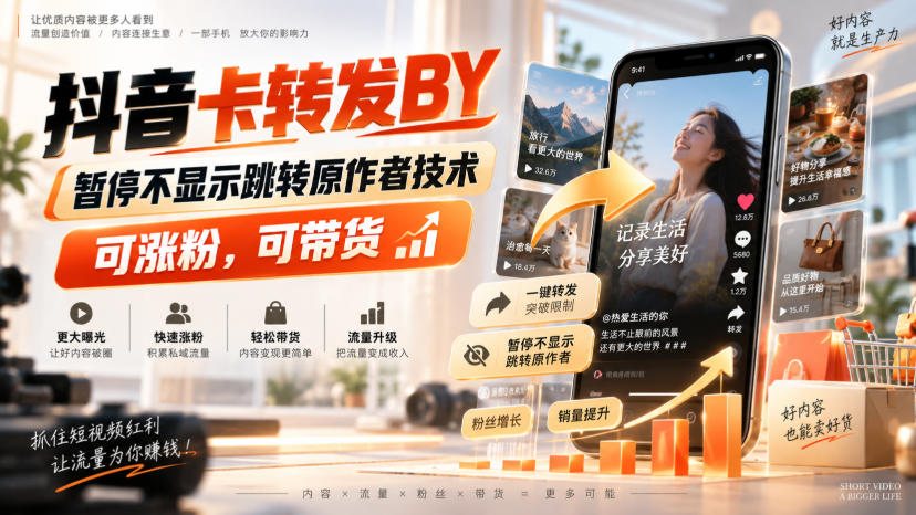 抖音卡转发搬运，暂停不显示跳转原作者技术，可涨粉，可带货-选优云网创