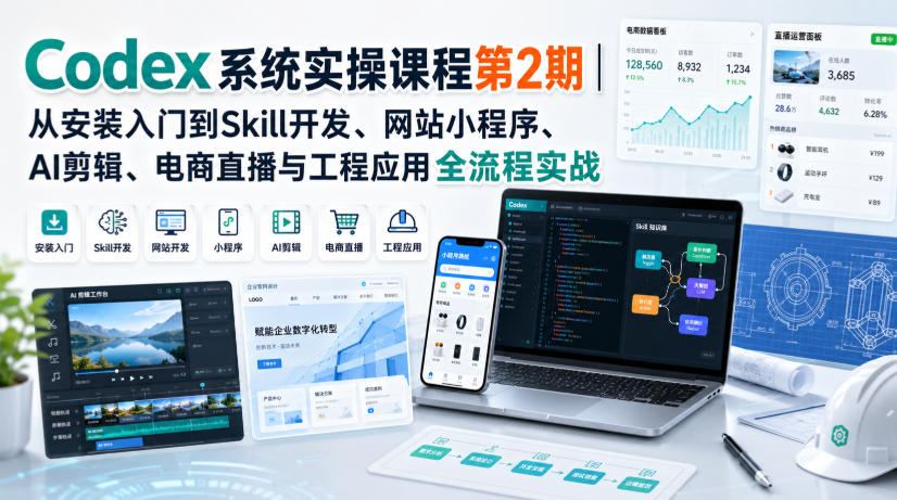 Codex系统实操课程第2期｜从安装入门到Skill开发、网站小程序、AI剪辑、电商直播与工程应用全流程实战-选优云网创
