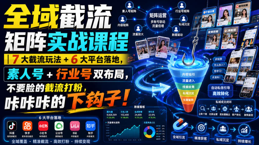 全域截流矩阵实战课程|7大截流玩法+6大平台落地,素人号+行业号双布局,不要脸的截流打粉,咔咔咔的下钩子!-选优云网创
