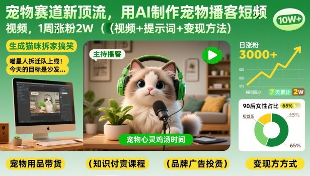 宠物赛道新顶流，用AI制作宠物播客短视频，1周涨粉2W(视频+提示词+变现方法)-选优云网创