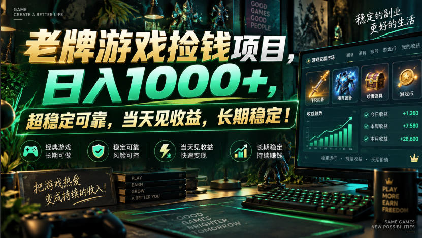 老牌游戏捡钱项目，日入1000+，超稳定可靠，当天见收益，长期稳定！【揭秘】-选优云网创