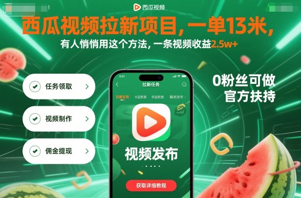 西瓜视频拉新项目，一单13米，有人悄悄用这个方法，一条视频收益2.5w+(附详细教程)-选优云网创