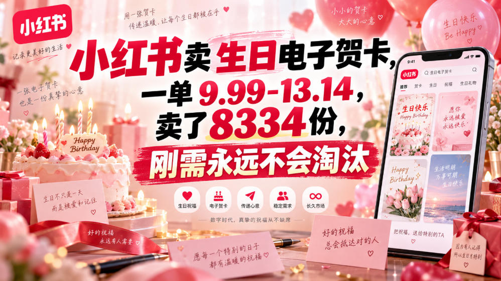 小红书卖生日电子贺卡，一单9.99-13.14，卖了8334份，刚需永远不会淘汰-选优云网创