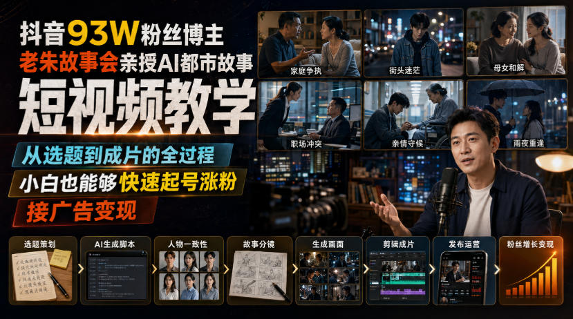 抖音93W粉丝博主老朱故事会亲授AI都市故事短视频教学,从选题到成片的全过程,小白也能够快速起号涨粉接广告变现-选优云网创