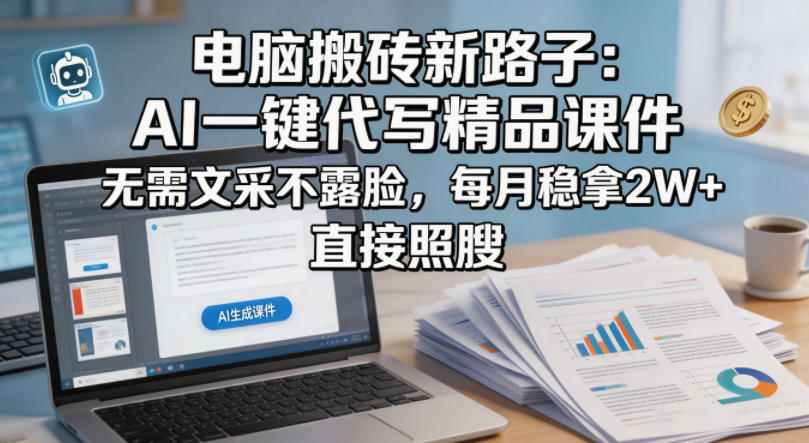 电脑搬砖新路子：AI一键代写精品课件，无需文采不露脸，每月稳拿2W+，直接照搬-选优云网创