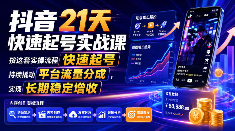 抖音21天快速起号实战课，按这套实操流程快速起号，持续撬动平台流量分成，实现长期稳定增收-选优云网创