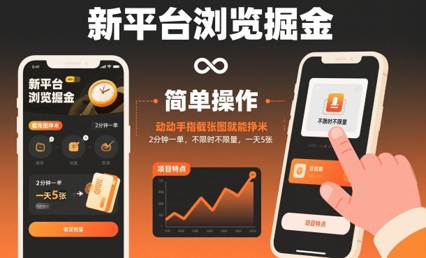 新平台浏览掘金，动动手指截张图就能挣米，2分钟一单，不限时不限量，一天5张【揭秘】-选优云网创