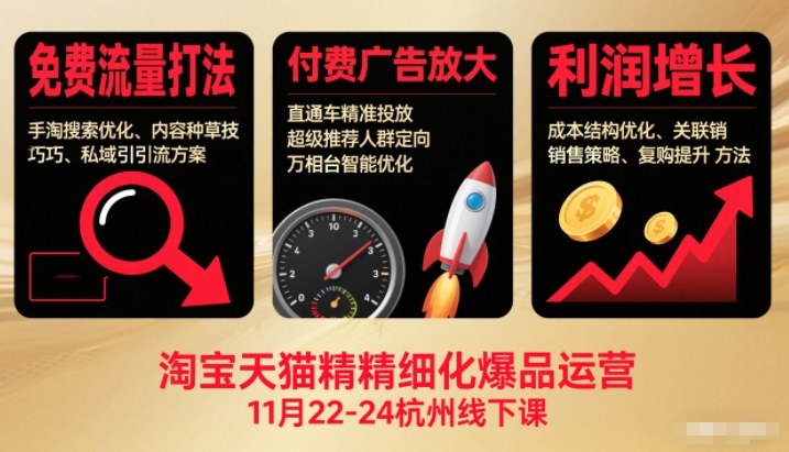 淘宝天猫精细化爆品运营11月22-24杭州线下课，免费流量打法+付费广告放大+利润增长(音频+文档)-选优云网创