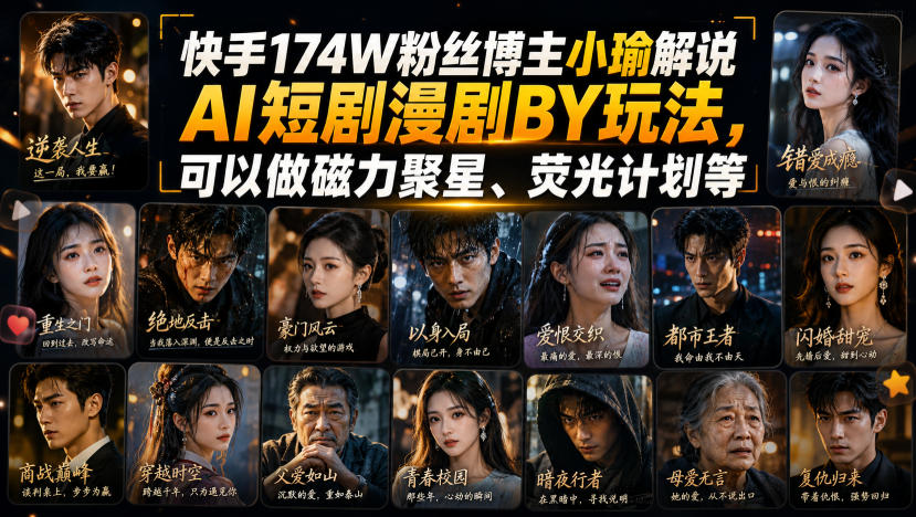 快手174W粉丝博主小瑜解说AI短剧漫剧搬运玩法，可以做磁力聚星、荧光计划等-选优云网创
