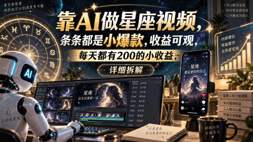 靠AI做星座视频，条条都是小爆款，收益可观，每天都有200的小收益，详细拆解-选优云网创