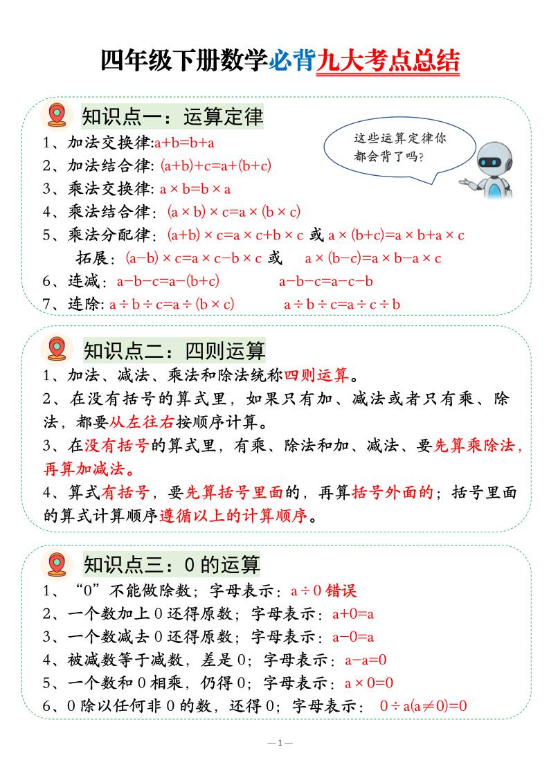 四年级下数学必背九大考点总结-选优云网创