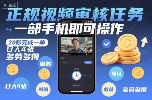 正规视频审核任务，一部手机即可操作，20秒完成一单，日入4张，多劳多得【揭秘】-选优云网创